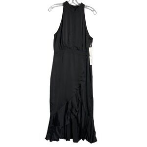 New Good American Halter Midi Dress Womens M 2 Black Resort Formal Pludge Ruffle